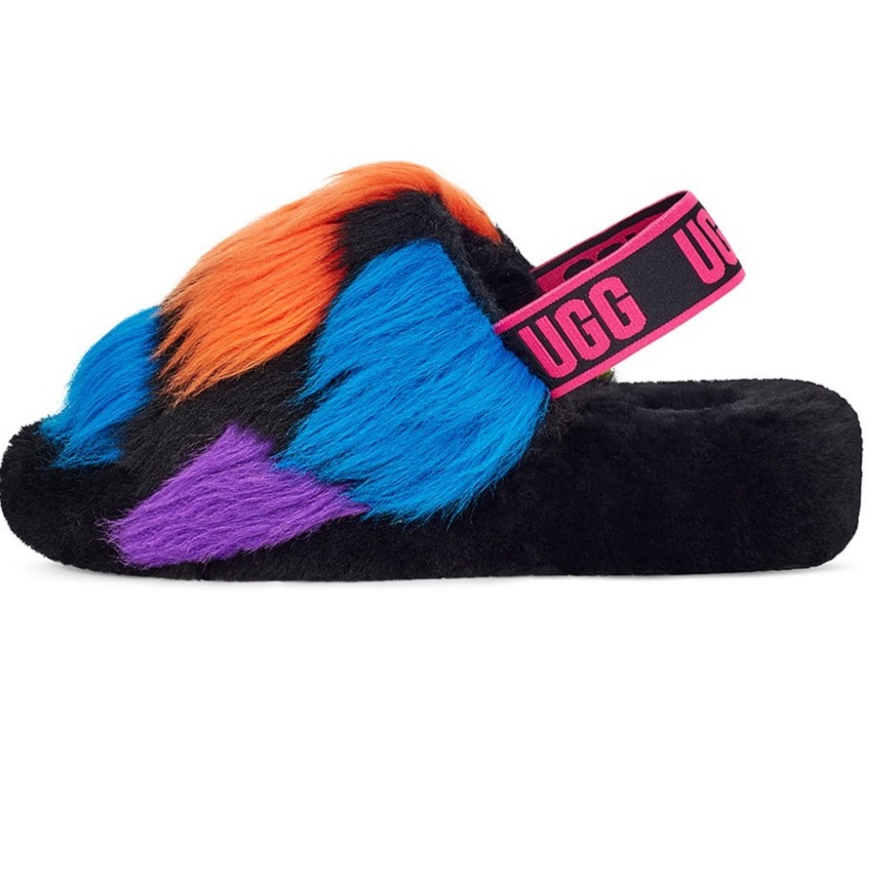 Ugg Fluff Yeah party spots multi colored Slippers. Sling back  SZ. 7. NWT NIB